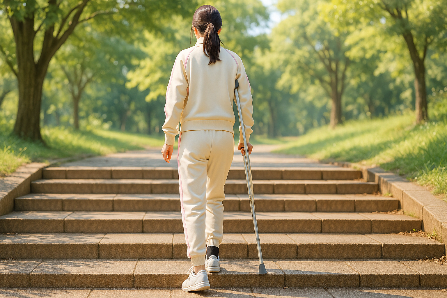 公園で骨折した女性が片方の松葉杖をついている様子
