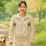 公園で骨折（ケガ）をした女性が松葉杖をついている様子