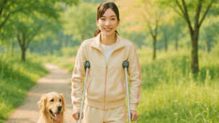 公園で骨折(ケガ)をした女性が松葉杖をついている様子
