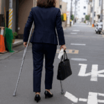 骨折した40代女性が松葉杖をついて通勤している様子