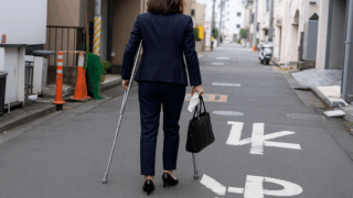 骨折した40代女性が松葉杖をついて通勤している様子